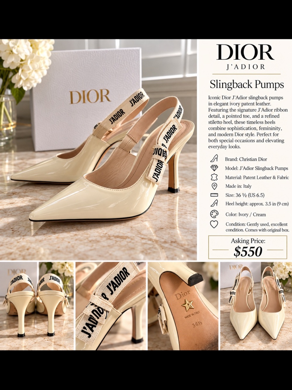Dior Cream Patent Leather J'Adior Slingback Pumps